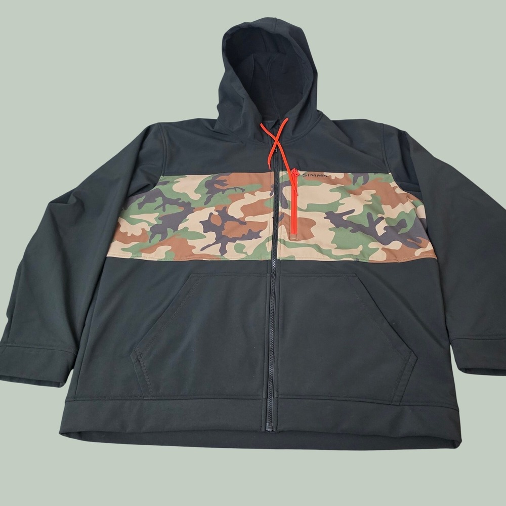 Simms Full Zip Hoodie Mens XXL Black Camo Excellent Fleece Lined Softshell